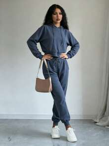 el mejor regalo para el Día de la Madre:(Hasta agotar existencias)Conjunto de suéter de manga larga asimétrico gris sencillo de punto holgado que cae de los hombros y pantalones acampanados, conjunto de dos piezas para mujer para otoño/invierno, ropa de entrenamiento - Gris Oscuro - Ver 3
