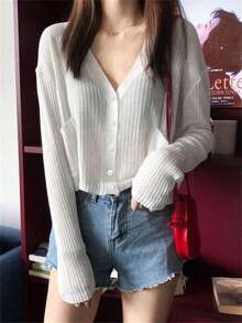 Women's Loose Cropped Cover Up, Long Sleeve Open Front Knit Sweater, Lightweight Spring/Summer Outerwear White - 白色 - 查看 3