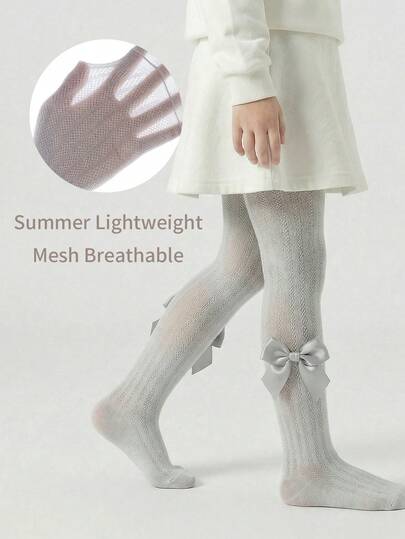 1 pieza Leggings con lazo para niñas. Medias de malla de verano para niños, con tela de malla transpirable, son ligeras y cómodas, ideales para el uso diario de los niños.