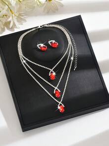 Charming Multi-Layer Vintage Jewelry Set - Sparkling Crystal Layered Necklace + Earrings, Bridal Wedding Formal Cocktail Party Jewelry, Anniversary Gift - 1811-hB Red - View 5