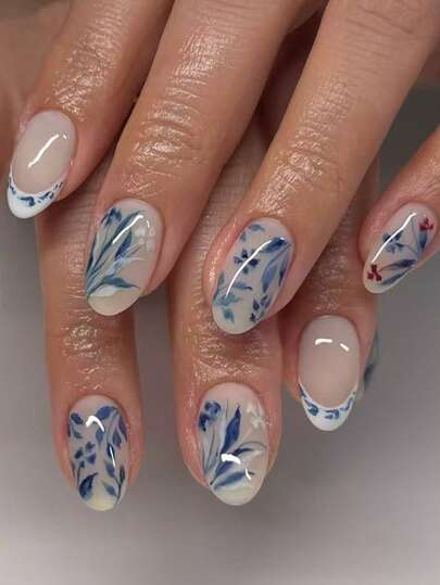 24 piezas de uñas postizas elegantes y frescas con estampado floral azul y blanco al estilo de la porcelana, adecuadas para el uso diario de las mujeres