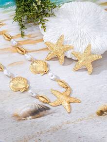 Set Kalung & Anting Liontin Bintang Laut, Mutiara, Kerang, dan Kepiting Gaya Laut 3pcs/Set, Cocok untuk Pakaian Sehari-hari & Liburan Wanita - Yellow Gold - View 3