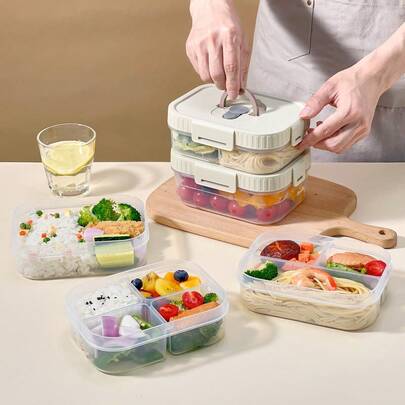 2/3 Compartment Portable Square Plastic Lunch Box With Handle, Microwave Heatable, Sealed Leak-Proof Fruit Salad Food Container, Reusable Large Capacity Divided Bento Box, Suitable For Student And Adult Use In School, Office, Outdoor Camping, Picnic, Travel,Back To School
