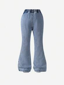 1 Quần Jeans ống rộng ống loe nhẹ màu xanh nhạt dễ thương, đa năng, mặc ngoài trời, dành cho bé gái, mùa Thu/Đông - Rửa nhẹ - Xem 3