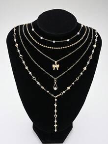 5件套优雅金色蝴蝶结、心形和水滴形立方氧化锆仿珍珠Y型项链吊坠套装，适合女士参加派对、约会、宴会、节日礼物、日常佩戴 - 金黃色 - 查看 3