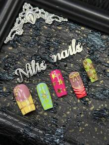 Bộ 10 móng tay giả vuông phủ acrylic thủ công, nhiều màu sắc như vàng nhạt, xanh neon và đỏ hồng, móng mắt mèo màu thanh long, móng kiểu Pháp màu vàng nhạt và xanh neon, họa tiết chấm bi xanh dương, tím và trắng vẽ tay, họa tiết hình học vẽ tay như sọc ngựa vằn đỏ. - Nhiều màu - Xem 7
