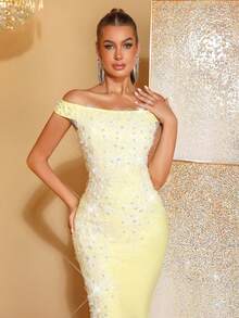 New Sexy Off-Shoulder Luxury Beaded Sequin Embroidered Fitted Backless Mermaid Dress, Elegant Sparkling Gown For Wedding Guest, Bridesmaid, Party, Holiday - Light Yellow - View 2