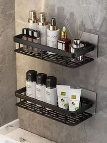 1pc/2pcs No-Drill Black Wall Mounted Shelving Unit, Shower Caddy Set, Space-Saving Hanging Organizer For Shampoo, Conditioner, Etc., Bathroom Storage Solution | Modern Bathroom Shelf, Shower Organizer, Space-Saving Storage, Easy Installation, Compact Design, Suitable For Small Bathrooms - Multicolor - View 2