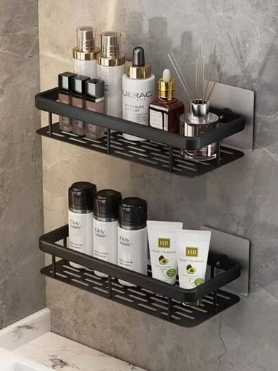 1pc No-Drill Black Wall Mounted Shelf, Shower Caddy Set, Space-Saving Hanging Organizer Rack For Shampoo, Conditioner Etc., Bathroom Storage Solution | Modern Bathroom Shelf, Shower Organizer, Space-Saving Storage, Compact Shelving, Easy Installation, Shower Rack, Hanging Shelf, Suitable For Small Bathrooms