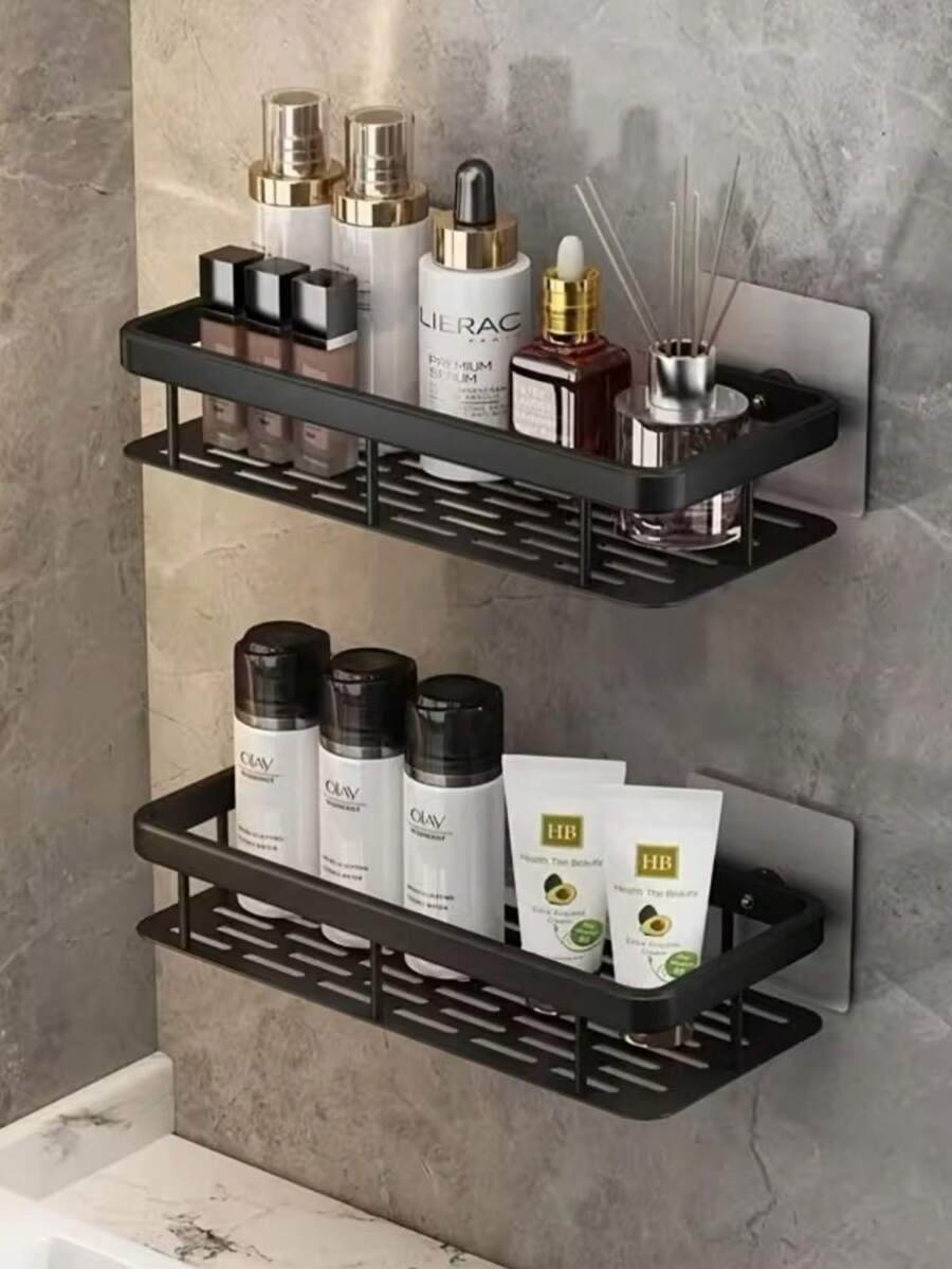 1pc/2pcs No-Drill Black Wall Mounted Shelving Unit, Shower Caddy Set, Space-Saving Hanging Organizer For Shampoo, Conditioner, Etc., Bathroom Storage Solution | Modern Bathroom Shelf, Shower Organizer, Space-Saving Storage, Easy Installation, Compact Design, Suitable For Small Bathrooms