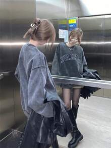 Áo sweatshirt dài tay dáng rộng thoải mái dành cho nữ, thiết kế độc đáo kiểu Mỹ, hàng mới về. - Màu xám đen - Xem 1