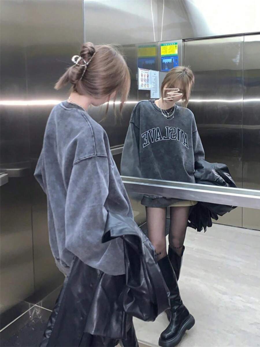 Áo sweatshirt dài tay dáng rộng thoải mái dành cho nữ, thiết kế độc đáo kiểu Mỹ, hàng mới về. - Màu xám đen - Xem 1