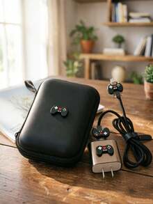 Cartoon Gaming Console Pattern 6 In 1 Set Black Shockproof TPU EVA Cable Organizer Bag 1.5M Winding Clip Charging Head Protector Compatible With Apple 20W Fast Charging Cable Sleeve Charger Protector Women's Day Gift Birthday Celebration - Black - View 2