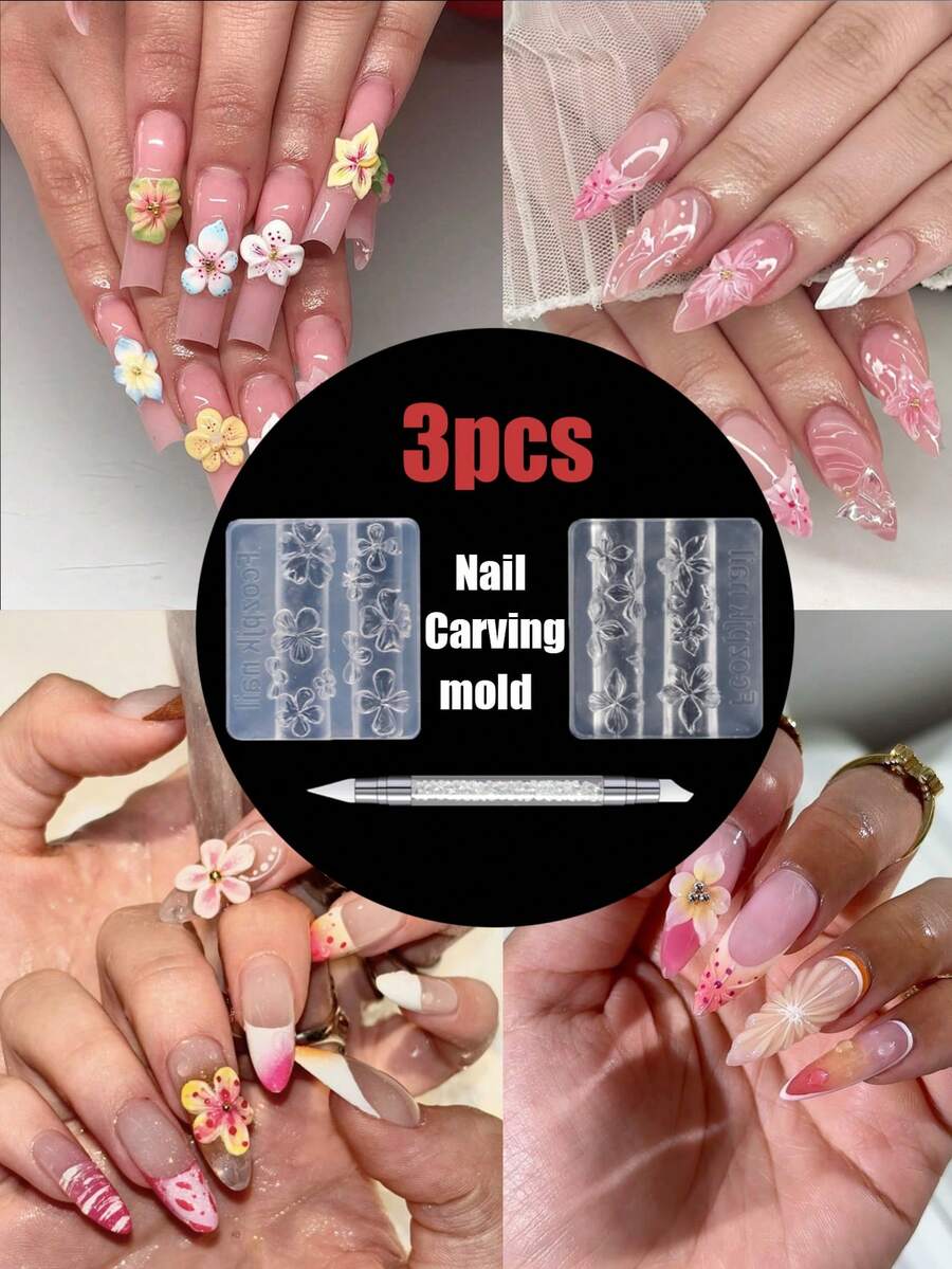 3pcs Silicone Nail Art Mold Set, Ice Flower/Plumeria Transparent Nail Molds DIY Nail Jewelry Accessories Tools - White - View 1