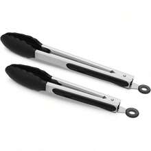 Black Kitchen Tongs,Heat-Resistant 600°F,Premium Silicone,Non-Stick Stainless Steel BBQ Cooking Grilling Locking Food Tongs, Non‑Slip & Non‑Scratch, For BBQ, Grill, Salad, Frying, Baking, Air Fryer,7-Inch / 9-Inch - 黑色 - 查看 1