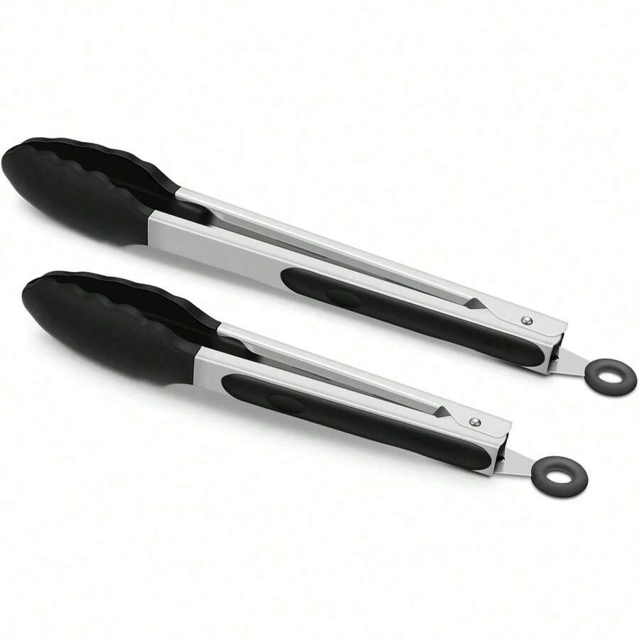 Black Kitchen Tongs,Heat-Resistant 600°F,Premium Silicone,Non-Stick Stainless Steel BBQ Cooking Grilling Locking Food Tongs, Non‑Slip & Non‑Scratch, For BBQ, Grill, Salad, Frying, Baking, Air Fryer,7-Inch / 9-Inch - 黑色 - 查看 1
