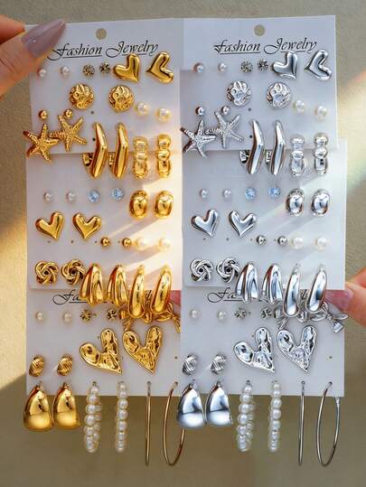 16/36/52pcs Fashionable & Elegant Geometric Starfish, Heart, Bow Knot, Twist C-Shaped Faux Pearl & Rhinestone Earring Set, Suitable For Women's Daily, Date, Party, Music Festival, Vacation Wear, Stylish Accessory & Gift For Girlfriend