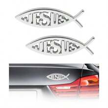 2PCS Jesus Car Decal 3D Christian Auto Stickers  Bumper Decals For Cars Motorcycles SUVs Trunk Door Fender Decoration Silver Finish Religious Vehicle Accessories Suitable For Exterior Automotive Decoration And Personal Expression - 銀色 - 查看 1