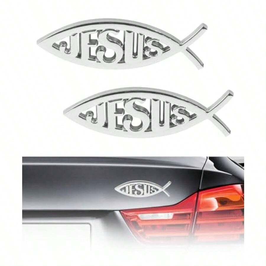 2PCS Jesus Car Decal 3D Christian Auto Stickers  Bumper Decals For Cars Motorcycles SUVs Trunk Door Fender Decoration Silver Finish Religious Vehicle Accessories Suitable For Exterior Automotive Decoration And Personal Expression - 銀色 - 查看 1