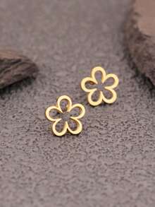 Stainless Steel Flower Stud Earrings, Non-Fading, 5-Petal Flower Small Earrings, Suitable For Women's Daily Wear - Gold - View 3