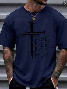 Men's Christian Faith Graphic T-Shirt - The Way The Truth The Life Cross Design, % Cotton Breathable Regular Short Sleeve T-Shirt, Suitable For Spring Summer Casual And Outdoor Wear, Religious Theme Clothing, Casual Wear Bold Graphic T-Shirt Comfortable Style, Christian T-Shirt - Unisex Plus Size Top - 藏蓝色 - 查看 7
