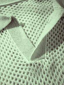 Solid Color Semi-Transparent Mesh V-Neck Collared T-Shirt, Elegant & Sexy, American Style Versatile For Commute & Date, Short Sleeve Top, Summer - Green - View 5