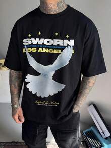 FRACTYR 男士夏季休闲街头励志标语和平鸽印花T恤 | 洛杉矶街头风上衣 - 黑色 - 查看 2