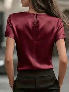 Women's Elegant Round Neck Satin Short Sleeve Blouse, Suitable For Spring And Summer - Red - View 2