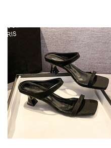 女士方头系带小猫跟凉鞋，豹纹仙女风格，夏季面料鞋面户外高跟凉鞋 - 黑色 - 查看 9