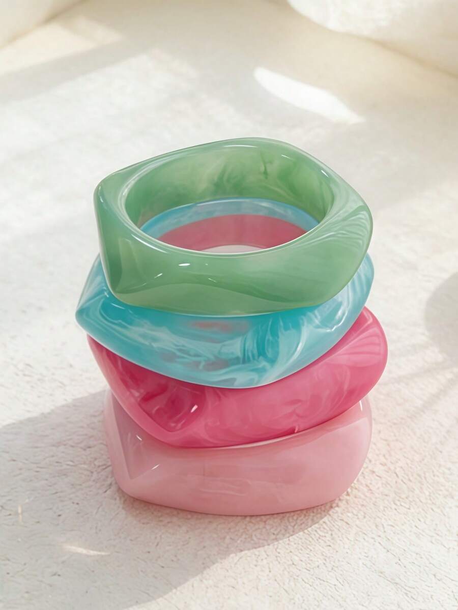 4pcs/Set Geometric Summer Tie-Dye Resin Curved Beach Bracelet, Asymmetric Acetate Bracelet, Fashionable & Versatile For Women - Bracelet - View 1