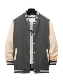 1set Men Casual Collared Single-Breasted Color Block Baseball Jacket + Pants, 2pcs Set, Medium Thickness Suitable For Outdoor Travel & Daily Wear, Fall Clothes - Dark Grey - View 2