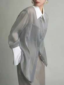 Color Block Collar Office Solid Color Polyester Long Sleeve Shirt Spring - Light Grey - View 1