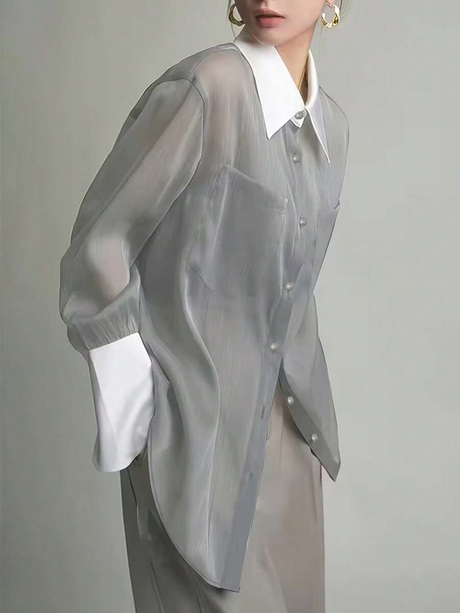 Color Block Collar Office Solid Color Polyester Long Sleeve Shirt Spring - Light Grey - View 1