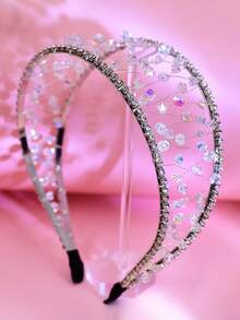 1pc Shiny Silver Crystal Rhinestone Wide Headband, Minimalist Fashion Crystal Beaded Hollow Hair Hoop, Suitable For Bride, Wedding, Celebration, Outing, Party, Casual Wear Hairband - Silver - View 3
