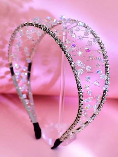 1pc Shiny Silver Rhinestone Headband, Minimalist Crystal Beaded Hollow Wide Hair Hoop, Suitable For Bride, Wedding, Celebration, Outing, Festival Party, Casual Wear