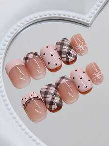 24片短方形假指甲，采用甜美粉色法式闪光网格、花卉、波点图案设计，包含1瓶果冻凝胶和1把指甲锉，适合情人节派对、跳舞、日常佩戴，可卸除并可重复使用。 - 彩色 - 查看 3