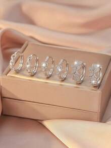 6pcs/Set Copper Zirconia Stone Minimalist Elegant Earrings Set, Multi-Element Earrings Hoops Fashion Versatile Jewelry Gift For Mother's Day - Silver - View 16