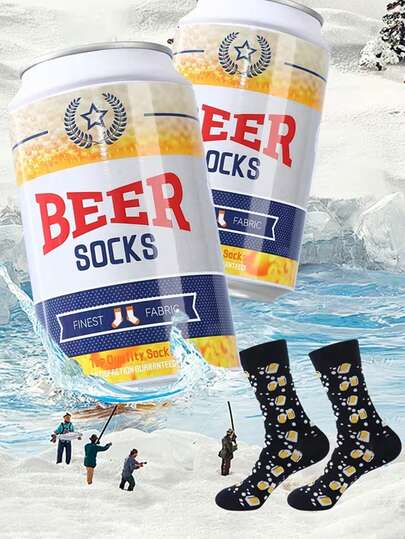 男士卡通啤酒图案中筒袜一双，创意时尚设计，透气吸湿，适合休闲、运动、度假、送礼，春夏秋季皆宜。