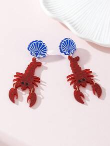 1 Pair Beach Vacation Shell & Lobster Design Fashion Jewelry Earrings, Suitable For Summer Party And Daily Outfit - Red - View 3