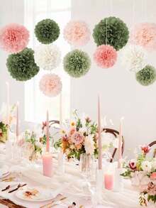 8/16 件装 DIY 粉色苔藓绿纸巾绒球纸花，10/8/6 英寸粉色和绿色系列纸花，适合波西米亚风格、中性色调、婴儿派对、婚礼、订婚、生日、春夏派对装饰、室内外背景装饰、悬挂式装饰纸花。 - 粉綠色 - 查看 1