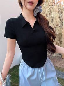 2件套Y2K风格黑白修身腰身性感甜美百搭休闲通勤度假女式短袖翻领T恤套装，春夏款 - 彩色 - 查看 3