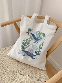 海洋生物印花帆布手提袋，轻便可重复使用，适合泳池度假日常必备 - 彩色 - 查看 4