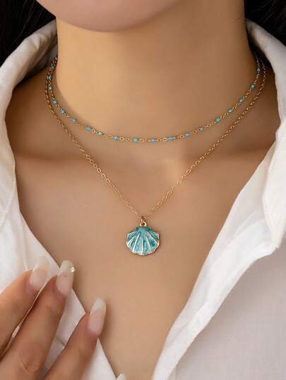 Bộ 2 dây chuyền nhiều lớp màu xanh ngọc lam tráng men dành cho nữ - Dây chuyền mảnh mai choker - Trang sức biển cho kỳ nghỉ hè.