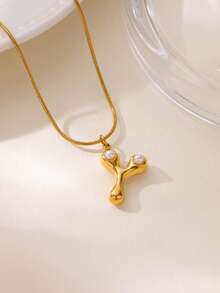 MECYLIFE 1件装时尚不锈钢26字母吊坠项链，镶嵌珍珠，女士项链 - 珍珠字母 - 查看 30