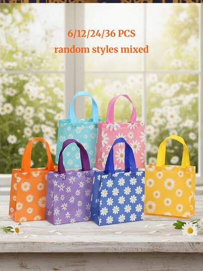 6/12/24pcs Daisy Printed Non-Woven Fabric Gift Bags, Tote Bags, Packaging Bags, Floral Print Bags, Shopping Bags, Suitable For Weddings, Music Festivals, Party Gifts, Birthday Gifts, Back To School, Spring Outings, Summer Camps, Mother's Day Gifts, Foldable Shopping Bags And Party Bags, Waterproof And Durable, Party Packaging Supplies, Party Gift Sets, Wedding Favors