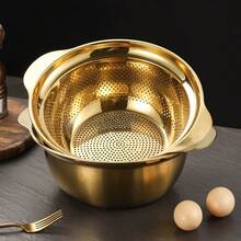 2pcs Stainless Steel Kitchen Set - Includes Thick Multi-Function Colander And Steamer Basket, Suitable For Rinsing Rice, Fruits, Pasta, Soup Pot And Whisk | Dishwasher , Anti-Rust, Space-Saving Design - Golden Drain Net - View 7