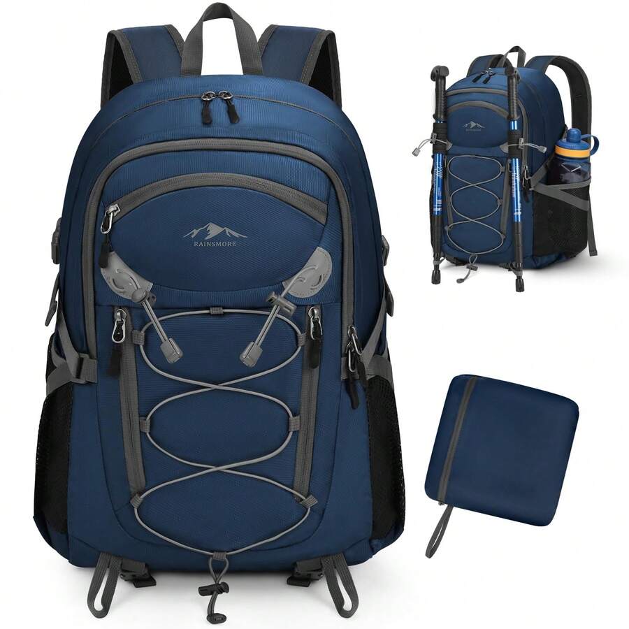 NEWHEY 40L 男士防水登山背包，可折疊輕量化背包，適合徒步、攀岩、遠足，黑色/藍色，Y2k