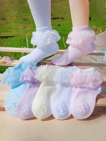 5双装女童/幼儿多功能舞蹈袜，经典时尚柔软纯色短袜，甜美休闲透气蕾丝边网眼袜，适合节日、舞蹈练习、返校、假期穿着。