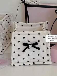 1个黑色波点蝴蝶结装饰收纳篮，简约甜美布艺收纳篮，高端便携式桌面整理篮，立方体零食收纳篮，多功能收纳篮，适用于卧室、客厅、浴室，可用于存放香水、化妆品、护肤品、珠宝配饰、野餐用品，适合作为情人节礼物 - 彩色 - 查看 5