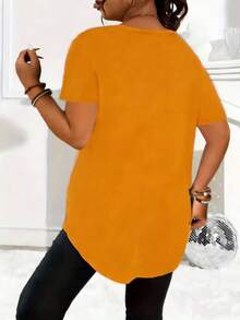 New Casual Plus Size Solid Color V-Neck Button Short Sleeve Summer - Burnt Orange - View 2
